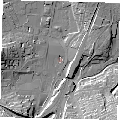 Shaded relief map of the ground around RH11FE, computed from Environment Agency LiDAR. The ground here sits at about 76 m above sea level and falls 33 m across the surrounding 800 m. Surface water reaching this point runs off ground lying to the south-west, 3.2 m higher.