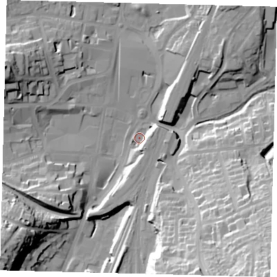 Shaded relief map of the ground around RH11FG, computed from Environment Agency LiDAR. The ground here sits at about 76 m above sea level and falls 50 m across the surrounding 800 m. Surface water reaching this point runs off ground lying to the south-east, 43.9 m higher.