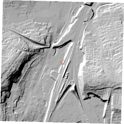 Shaded relief map of the ground around RH11HG, computed from Environment Agency LiDAR. The ground here sits at about 76 m above sea level and falls 46 m across the surrounding 800 m. Surface water reaching this point runs off ground lying to the north-east, 8.5 m higher.