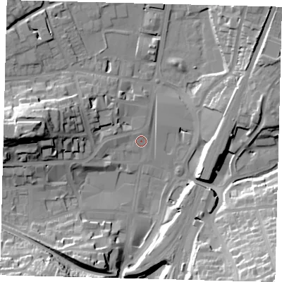 Shaded relief map of the ground around RH11LY, computed from Environment Agency LiDAR. The ground here sits at about 78 m above sea level and falls 31 m across the surrounding 800 m. Surface water reaching this point runs off ground lying to the west-south-west, 6.8 m higher.