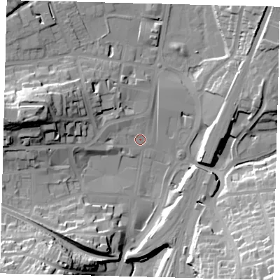Shaded relief map of the ground around RH11ND, computed from Environment Agency LiDAR. The ground here sits at about 77 m above sea level and falls 34 m across the surrounding 800 m. Surface water reaching this point runs off ground lying to the south-east, 33.3 m higher.