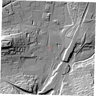 Shaded relief map of the ground around RH11NN, computed from Environment Agency LiDAR. The ground here sits at about 77 m above sea level and falls 31 m across the surrounding 800 m. Surface water reaching this point runs off ground lying to the west, 25.9 m higher.