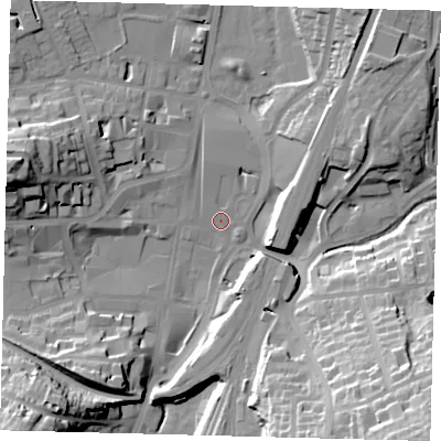 Shaded relief map of the ground around RH11NT, computed from Environment Agency LiDAR. The ground here sits at about 76 m above sea level and falls 39 m across the surrounding 800 m. Surface water reaching this point runs off ground lying to the south-east, 35.9 m higher.