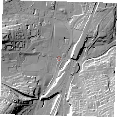 Shaded relief map of the ground around RH11NZ, computed from Environment Agency LiDAR. The ground here sits at about 76 m above sea level and falls 44 m across the surrounding 800 m. Surface water reaching this point runs off ground lying to the south-east, 42.1 m higher.