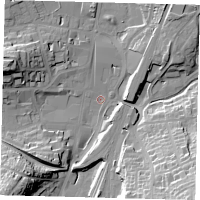 Shaded relief map of the ground around RH11PA, computed from Environment Agency LiDAR. The ground here sits at about 76 m above sea level and falls 43 m across the surrounding 800 m. Surface water reaching this point runs off ground lying to the south-east, 41.6 m higher.