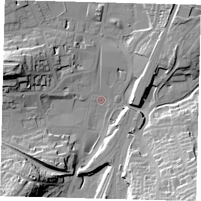 Shaded relief map of the ground around RH11PD, computed from Environment Agency LiDAR. The ground here sits at about 76 m above sea level and falls 41 m across the surrounding 800 m. Surface water reaching this point runs off ground lying to the south-east, 40.6 m higher.