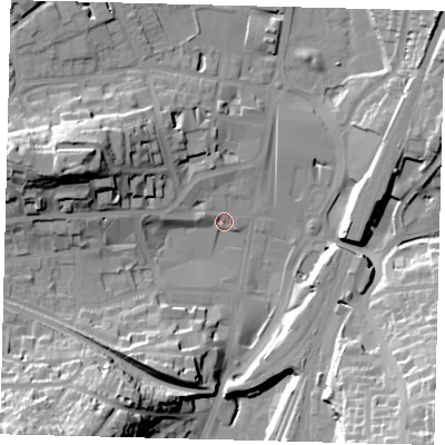 Shaded relief map of the ground around RH11PH, computed from Environment Agency LiDAR. The ground here sits at about 76 m above sea level and falls 35 m across the surrounding 800 m. Surface water reaching this point runs off ground lying to the south-west, 34.6 m higher.