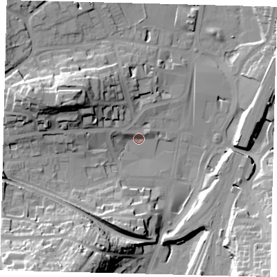 Shaded relief map of the ground around RH11PL, computed from Environment Agency LiDAR. The ground here sits at about 77 m above sea level and falls 36 m across the surrounding 800 m. Surface water reaching this point runs off ground lying to the south-west, 35.6 m higher.