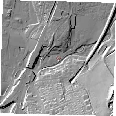 Shaded relief map of the ground around RH11PT, computed from Environment Agency LiDAR. The ground here sits at about 77 m above sea level and falls 49 m across the surrounding 800 m. Surface water reaching this point runs off ground lying to the south-east, 45.1 m higher.