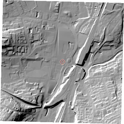 Shaded relief map of the ground around RH11PZ, computed from Environment Agency LiDAR. The ground here sits at about 76 m above sea level and falls 42 m across the surrounding 800 m. Surface water reaching this point runs off ground lying to the south-east, 40.7 m higher.