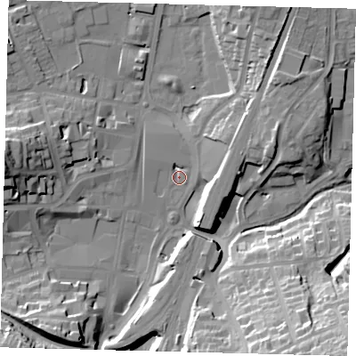 Shaded relief map of the ground around RH11QA, computed from Environment Agency LiDAR. The ground here sits at about 76 m above sea level and falls 34 m across the surrounding 800 m. Surface water reaching this point runs off ground lying to the south-west, 3.2 m higher.