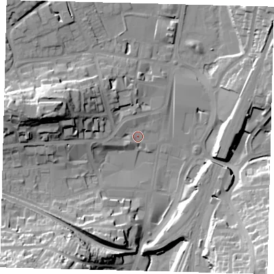 Shaded relief map of the ground around RH11QH, computed from Environment Agency LiDAR. The ground here sits at about 78 m above sea level and falls 31 m across the surrounding 800 m. Surface water reaching this point runs off ground lying to the south-west, 30.5 m higher.
