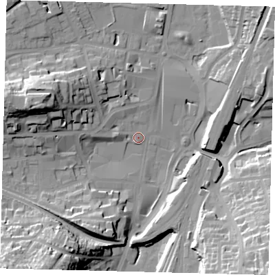 Shaded relief map of the ground around RH11QW, computed from Environment Agency LiDAR. The ground here sits at about 77 m above sea level and falls 35 m across the surrounding 800 m. Surface water reaching this point runs off ground lying to the south-west, 34.1 m higher.