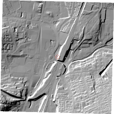 Shaded relief map of the ground around RH11RB, computed from Environment Agency LiDAR. The ground here sits at about 76 m above sea level and falls 44 m across the surrounding 800 m. Surface water reaching this point runs off ground lying to the south-east, 39.6 m higher.