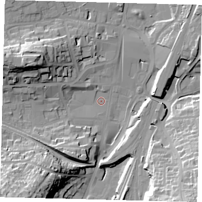 Shaded relief map of the ground around RH11RD, computed from Environment Agency LiDAR. The ground here sits at about 76 m above sea level and falls 40 m across the surrounding 800 m. Surface water reaching this point runs off ground lying to the south-east, 36.0 m higher.