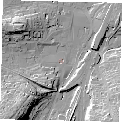 Shaded relief map of the ground around RH11RG, computed from Environment Agency LiDAR. The ground here sits at about 76 m above sea level and falls 46 m across the surrounding 800 m. Surface water reaching this point runs off ground lying to the south-east, 41.6 m higher.