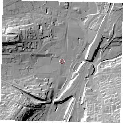 Shaded relief map of the ground around RH11RH, computed from Environment Agency LiDAR. The ground here sits at about 76 m above sea level and falls 39 m across the surrounding 800 m. Surface water reaching this point runs off ground lying to the south-east, 36.3 m higher.