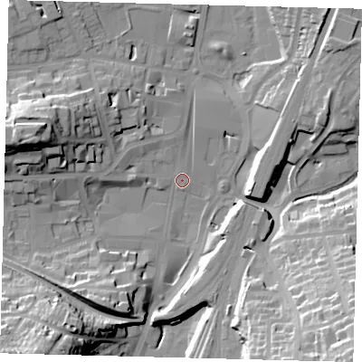 Shaded relief map of the ground around RH11RJ, computed from Environment Agency LiDAR. The ground here sits at about 76 m above sea level and falls 37 m across the surrounding 800 m. Surface water reaching this point runs off ground lying to the south-east, 36.5 m higher.