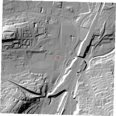 Shaded relief map of the ground around RH11RP, computed from Environment Agency LiDAR. The ground here sits at about 76 m above sea level and falls 40 m across the surrounding 800 m. Surface water reaching this point runs off ground lying to the south-east, 39.4 m higher.