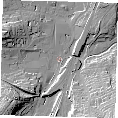 Shaded relief map of the ground around RH11RR, computed from Environment Agency LiDAR. The ground here sits at about 75 m above sea level and falls 46 m across the surrounding 800 m. Surface water reaching this point runs off ground lying to the south-east, 43.4 m higher.