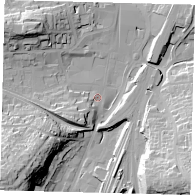 Shaded relief map of the ground around RH11RT, computed from Environment Agency LiDAR. The ground here sits at about 78 m above sea level and falls 47 m across the surrounding 800 m. Surface water reaching this point runs off ground lying to the south-east, 41.7 m higher.
