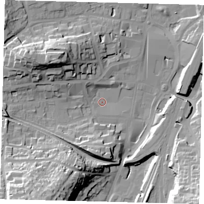 Shaded relief map of the ground around RH11RW, computed from Environment Agency LiDAR. The ground here sits at about 77 m above sea level and falls 42 m across the surrounding 800 m. Surface water reaching this point runs off ground lying to the south-west, 41.6 m higher.