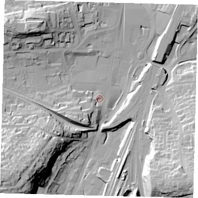 Shaded relief map of the ground around RH11RX, computed from Environment Agency LiDAR. The ground here sits at about 78 m above sea level and falls 47 m across the surrounding 800 m. Surface water reaching this point runs off ground lying to the south-east, 41.2 m higher.