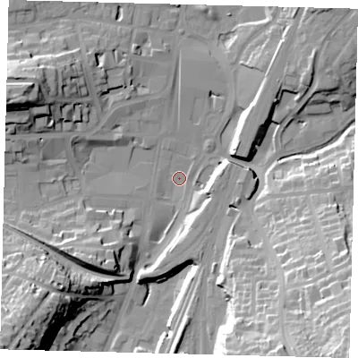 Shaded relief map of the ground around RH11RY, computed from Environment Agency LiDAR. The ground here sits at about 75 m above sea level and falls 45 m across the surrounding 800 m. Surface water reaching this point runs off ground lying to the south-east, 44.0 m higher.