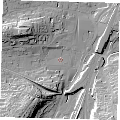 Shaded relief map of the ground around RH11SA, computed from Environment Agency LiDAR. The ground here sits at about 76 m above sea level and falls 44 m across the surrounding 800 m. Surface water reaching this point runs off ground lying to the south-east, 38.1 m higher.