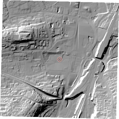 Shaded relief map of the ground around RH11SE, computed from Environment Agency LiDAR. The ground here sits at about 76 m above sea level and falls 40 m across the surrounding 800 m. Surface water reaching this point runs off ground lying to the south-west, 38.5 m higher.