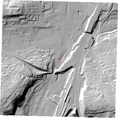 Shaded relief map of the ground around RH11SG, computed from Environment Agency LiDAR. The ground here sits at about 77 m above sea level and falls 46 m across the surrounding 800 m. Surface water reaching this point runs off ground lying to the west-south-west, 14.7 m higher.