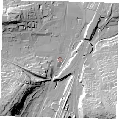 Shaded relief map of the ground around RH11SH, computed from Environment Agency LiDAR. The ground here sits at about 76 m above sea level and falls 45 m across the surrounding 800 m. Surface water reaching this point runs off ground lying to the south-east, 44.1 m higher.