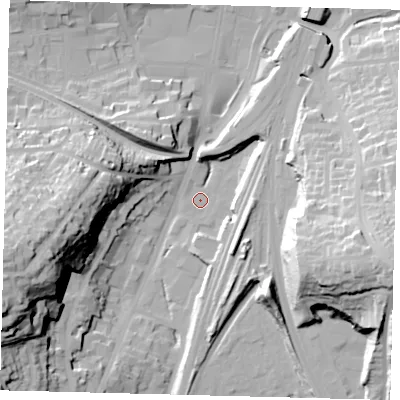 Shaded relief map of the ground around RH11SJ, computed from Environment Agency LiDAR. The ground here sits at about 76 m above sea level and falls 47 m across the surrounding 800 m. Surface water reaching this point runs off ground lying to the west-south-west, 46.7 m higher.