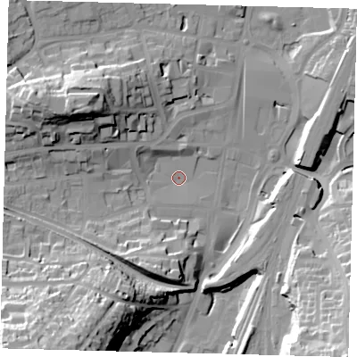 Shaded relief map of the ground around RH11ST, computed from Environment Agency LiDAR. The ground here sits at about 76 m above sea level and falls 42 m across the surrounding 800 m. Surface water reaching this point runs off ground lying to the south-east, 37.6 m higher.