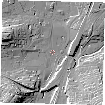 Shaded relief map of the ground around RH11UE, computed from Environment Agency LiDAR. The ground here sits at about 76 m above sea level and falls 41 m across the surrounding 800 m. Surface water reaching this point runs off ground lying to the south-east, 40.0 m higher.