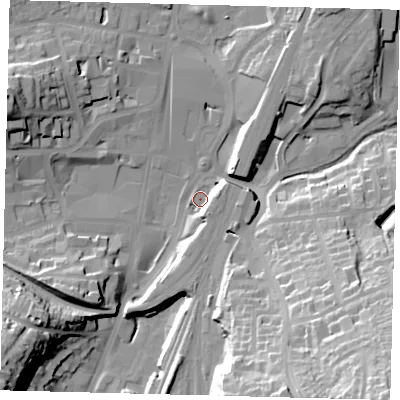 Shaded relief map of the ground around RH11UF, computed from Environment Agency LiDAR. The ground here sits at about 76 m above sea level and falls 51 m across the surrounding 800 m. Surface water reaching this point runs off ground lying to the south-east, 43.9 m higher.