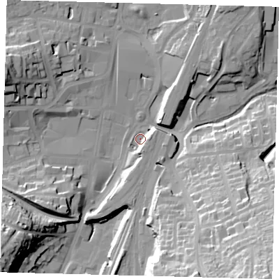 Shaded relief map of the ground around RH11UG, computed from Environment Agency LiDAR. The ground here sits at about 76 m above sea level and falls 50 m across the surrounding 800 m. Surface water reaching this point runs off ground lying to the south-east, 43.8 m higher.
