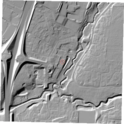 Shaded relief map of the ground around RH121DU, computed from Environment Agency LiDAR. The ground here sits at about 34 m above sea level and falls 16 m across the surrounding 800 m. Surface water reaching this point runs off ground lying to the west-south-west, 6.9 m higher.