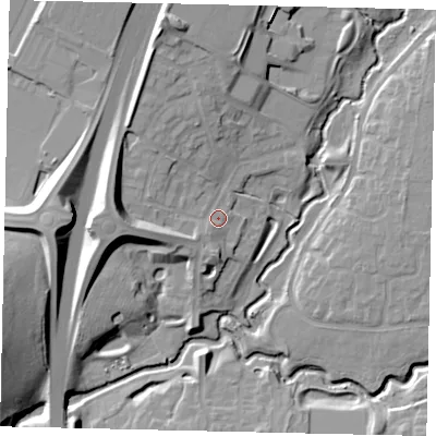 Shaded relief map of the ground around RH121EP, computed from Environment Agency LiDAR. The ground here sits at about 36 m above sea level and falls 18 m across the surrounding 800 m. Surface water reaching this point runs off ground lying to the west, 8.8 m higher.