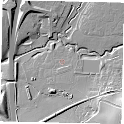 Shaded relief map of the ground around RH121FY, computed from Environment Agency LiDAR. The ground here sits at about 35 m above sea level and falls 34 m across the surrounding 800 m. Surface water reaching this point runs off ground lying to the south, 2.2 m higher.