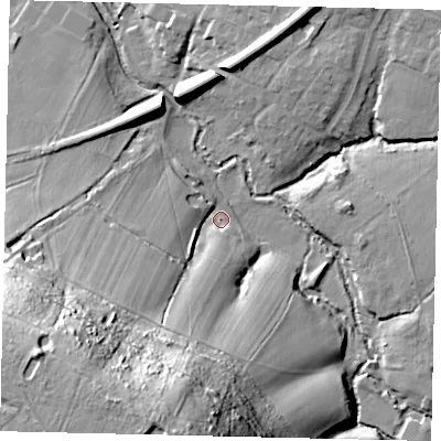 Shaded relief map of the ground around RH121JR, computed from Environment Agency LiDAR. The ground here sits at about 38 m above sea level and falls 53 m across the surrounding 800 m. Surface water reaching this point runs off ground lying to the south-south-west, 49.4 m higher.