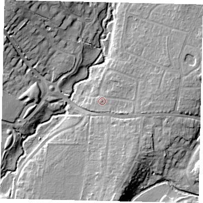 Shaded relief map of the ground around RH121NJ, computed from Environment Agency LiDAR. The ground here sits at about 37 m above sea level and falls 18 m across the surrounding 800 m. Surface water reaching this point runs off ground lying to the east, 3.9 m higher.