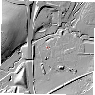 Shaded relief map of the ground around RH121PG, computed from Environment Agency LiDAR. The ground here sits at about 34 m above sea level and falls 31 m across the surrounding 800 m. Surface water reaching this point runs off ground lying to the south-east, 4.1 m higher.