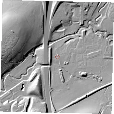 Shaded relief map of the ground around RH121QT, computed from Environment Agency LiDAR. The ground here sits at about 33 m above sea level and falls 31 m across the surrounding 800 m. Surface water reaching this point runs off ground lying to the south-south-east, 19.7 m higher.