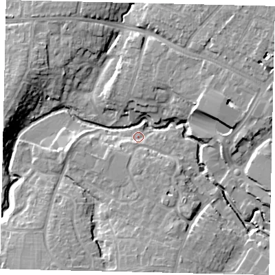 Shaded relief map of the ground around RH121RH, computed from Environment Agency LiDAR. The ground here sits at about 35 m above sea level and falls 12 m across the surrounding 800 m. Surface water reaching this point runs off ground lying to the south-south-east, 3.1 m higher.