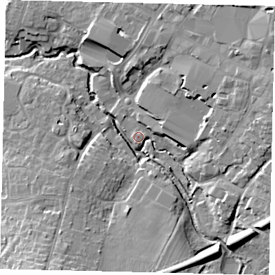 Shaded relief map of the ground around RH121SS, computed from Environment Agency LiDAR. The ground here sits at about 36 m above sea level and falls 15 m across the surrounding 800 m. Surface water reaching this point runs off ground lying to the east-south-east, 14.2 m higher.