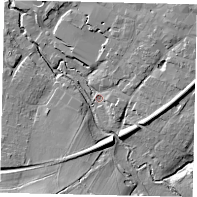 Shaded relief map of the ground around RH121TG, computed from Environment Agency LiDAR. The ground here sits at about 35 m above sea level and falls 18 m across the surrounding 800 m. Surface water reaching this point runs off ground lying to the south-west, 16.0 m higher.