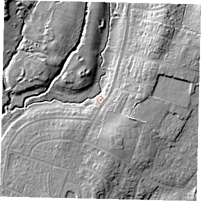 Shaded relief map of the ground around RH122AU, computed from Environment Agency LiDAR. The ground here sits at about 38 m above sea level and falls 14 m across the surrounding 800 m. Surface water reaching this point runs off ground lying to the east-north-east, 12.8 m higher.
