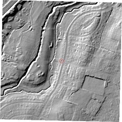 Shaded relief map of the ground around RH122HJ, computed from Environment Agency LiDAR. The ground here sits at about 38 m above sea level and falls 15 m across the surrounding 800 m. Surface water reaching this point runs off ground lying to the east, 11.1 m higher.
