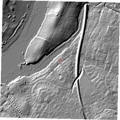 Shaded relief map of the ground around RH122LT, computed from Environment Agency LiDAR. The ground here sits at about 43 m above sea level and falls 19 m across the surrounding 800 m. Surface water reaching this point runs off ground lying to the south-south-east, 4.4 m higher.
